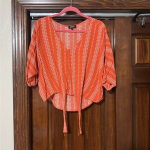 Blue B Tie-Front Orange Print V-Neck Blouse